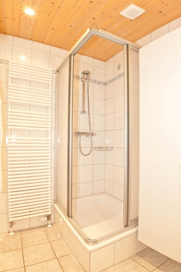 :Das Badezimmer ist mit einer Dusche ausgestattet
